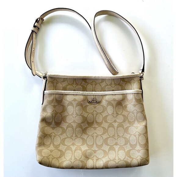 COACH  F58297 File Shoulder Crossbody Bag Khaki PVC  with‎ Cream Leather trim - Picture 1 of 10